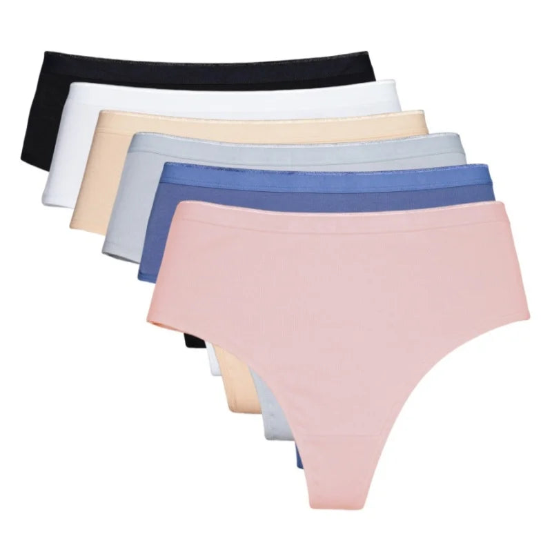 6 Pack Women's High Waisted Thong Cotton Underwear Ribbed Soft Breathable Panties Soft Stretch Intimates Sexy Lingerie S-XL