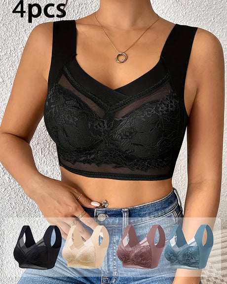 FINETOO 4Pcs Plus Size Sexy Crop Tank Top Seamless Bra Push Up Women Bras Wireless Bralette Femme Underwear Sports Lace Lingerie