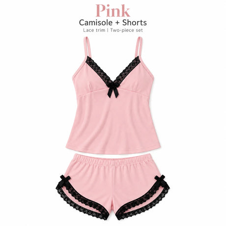 Women's Lace Trim Camisole Shorts Pajama Set, V Neck Bow Detail Sleeveless Two Piece Sleepwear in Solid and Printed Colors