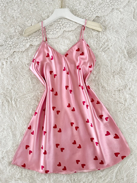 New Women's Pink Slip Nightdress Heart Print V Neck Spaghetti Strap Chemise Cute and Sweet Sleepwear for Party or Daily Life