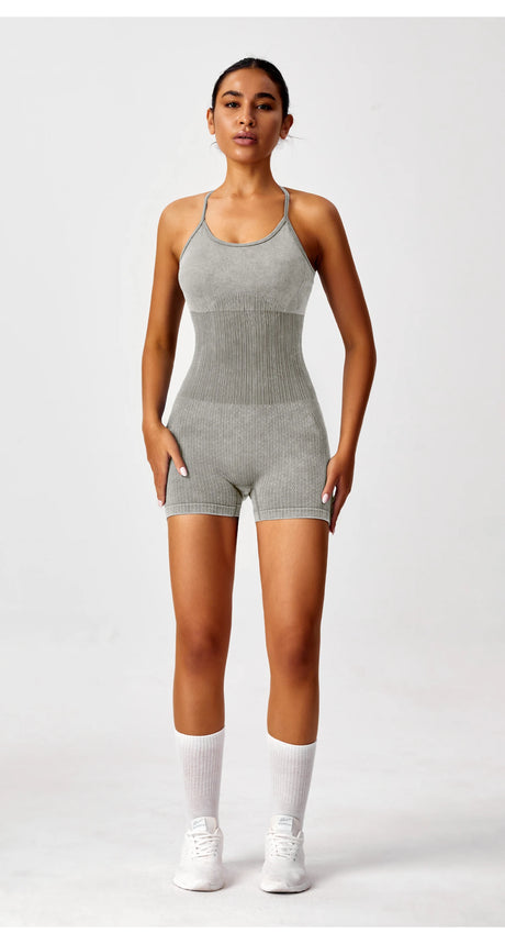 Sandwashed Yoga Bodysuit for Women - Strappy Seamless One Piece Workout Suit, Stretch Gym Leotard for Pilates Barre Fitness