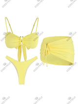 Butter Yellow 3 Piece Bikini Drawstring Ruffle Swimsuit U Neck Bathing Suit with Mini Skirt Cover Up Beach Vacation Outfit K246