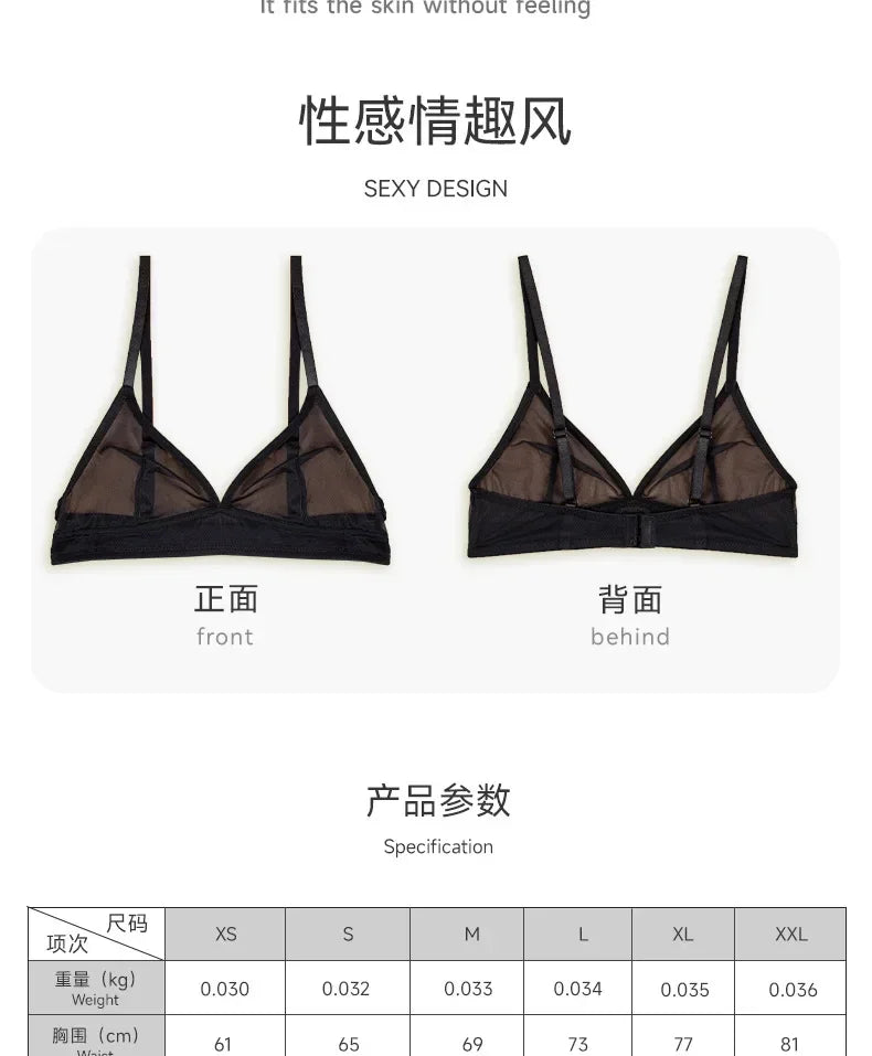 Sexy Transparent Ladies' Brassiere Three-piece Women's Bra Small Bust Mesh Lingerie Ultra-thin Triangle Double Shoulder Straps