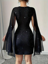 Women Black Glitter Bodycon Mini Dress Lace Crew Neck Sheer Cape Sleeve Slim Party Club Evening Cocktail Short Dress