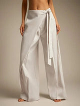 Women High Waist Wide Leg Pants Loose Wrap Tie Knot Asymmetric Pleated Trousers Beach Casual Bottoms