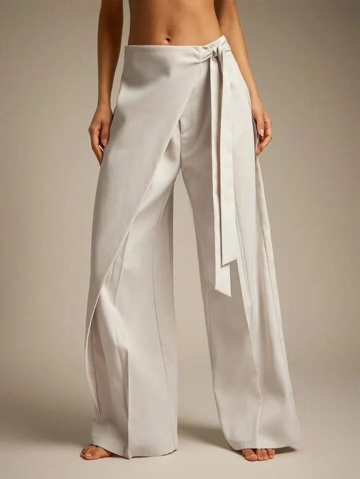 Women High Waist Wide Leg Pants Loose Wrap Tie Knot Asymmetric Pleated Trousers Beach Casual Bottoms