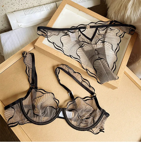European Style Ultra Thin Sheer Lace Lingerie Set Embroidery Minimizer Bra Big Bust Support Slim Fit Underwear S-XL Size 32-38