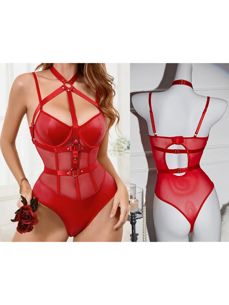 Women's Mesh PU Leather Bodysuits Sleeveless Halter Hollow Out Leotard Body Top Jumpsuits for Party Club