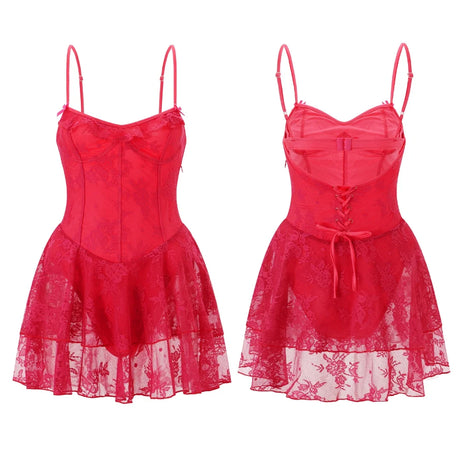 Summer Women Spaghetti Strap Corset Dress Sleeveless Bandage Lace Ruffle Bodysuits Dress Club Party Sexy Dresses