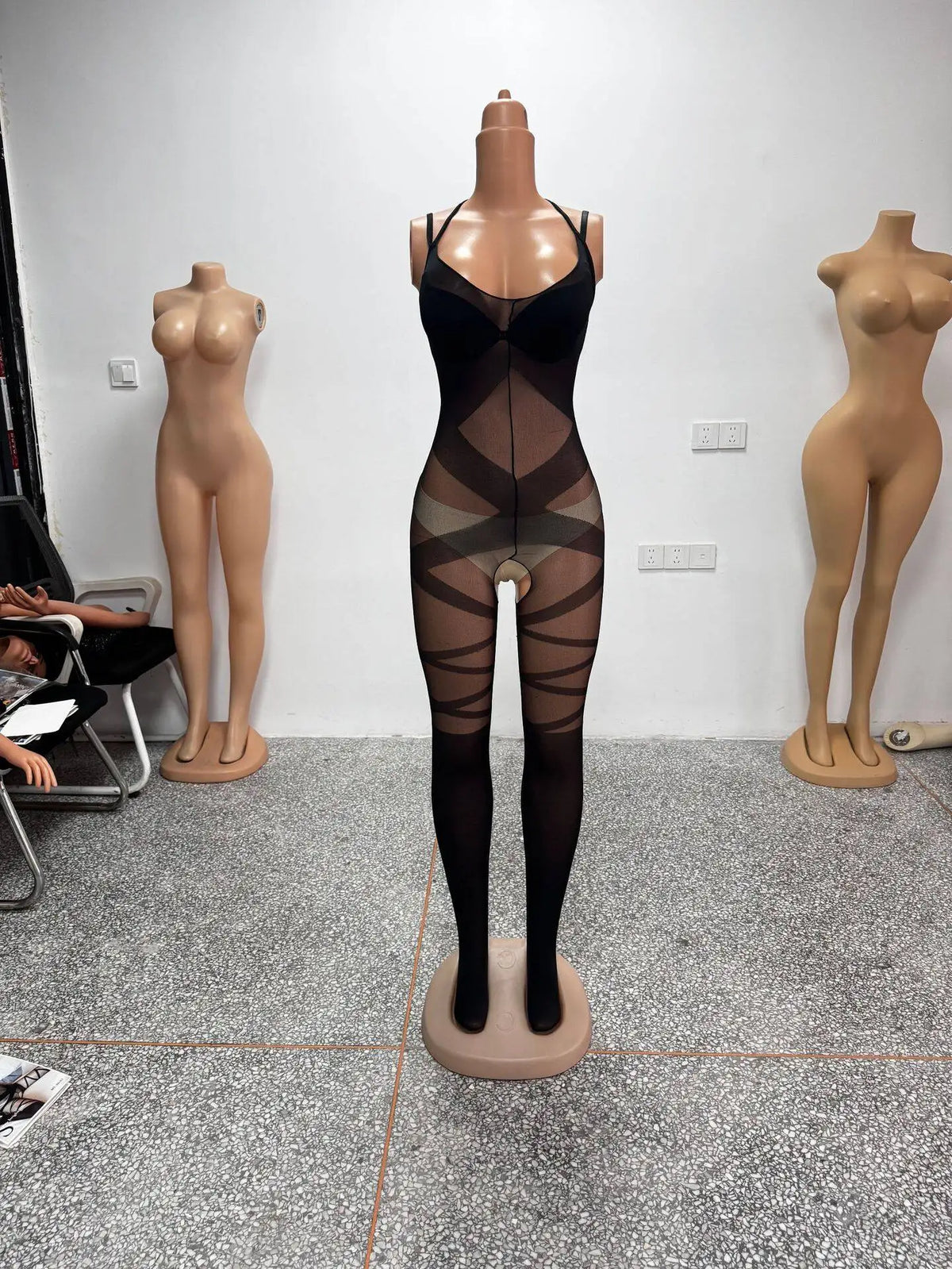Sexy Lace Up Women Patterned Black Jumpsuit Sheer Suspender Bodystocking Geometric Cutout Slim Fit Lingerie