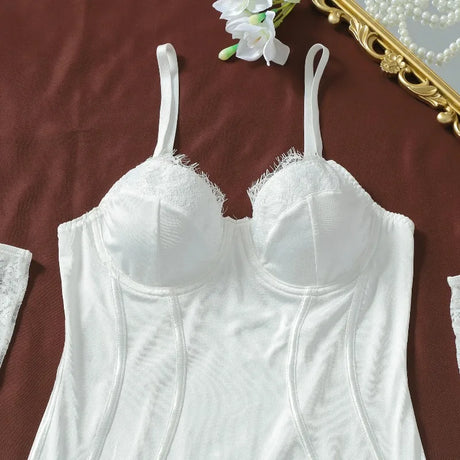 Women's White Corset Lingerie Set 4 Piece Underwire Dress Thong Panty Lace Gloves Stockings Sexy Nightwear Set Elegant Stretchy