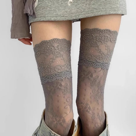 Women Fishnets Stockings Sexy Lace Fishnet Floral Knee High Socks Breathable Hollow-out JK Mesh Lolita Retro Thigh Highs Socks