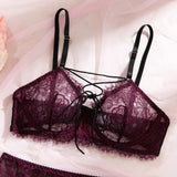 Women's 4-Piece Sheer Lace Lingerie Set Crisscross Strap Bra Garter Belt Long Socks Seductive Intimate Underwear