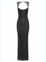 Sexy Square Collar Mesh Patchwork Diamonds Long Dress Women Backless Shiny Rhinestone Slim Dresses Evening Party Cocktail Gowns