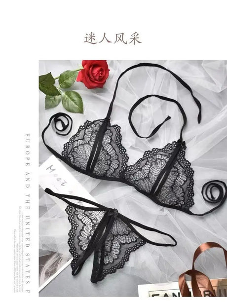 New Style Erotic Three-point Lingerie Set Women's Lace Hollowed Out Non Adjustable Underwear Sexy Crotchless Low Waist G-string
