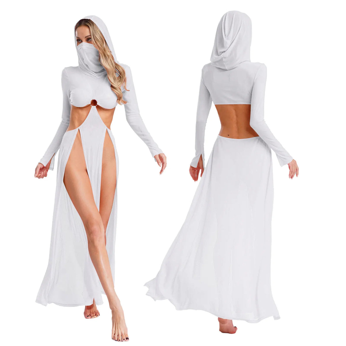 Women Wet Look Mesh Maxi Dress with Hooded Cosplay Sexy High Slit Lingerie Face Mask Long Sleeves Hollow Out Sheer Nightdress