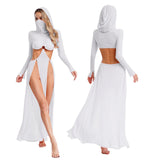 Women Wet Look Mesh Maxi Dress with Hooded Cosplay Sexy High Slit Lingerie Face Mask Long Sleeves Hollow Out Sheer Nightdress