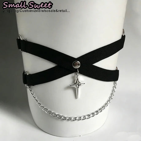 Women Gothic Cute Cat Paw Elastic Thigh Garter Y2K Spicy Girl Leg Ring Punk JK Cool Thigh Chain Cross Binding Thigh Harness