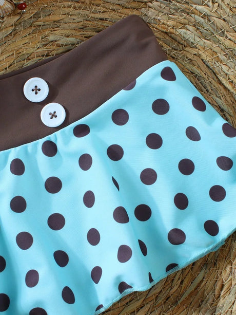 Vintage Polka Dot 3 Piece Bikini Set, Button Trim Ruffle Skirt Cover Up Halter Triangle Swimsuit
