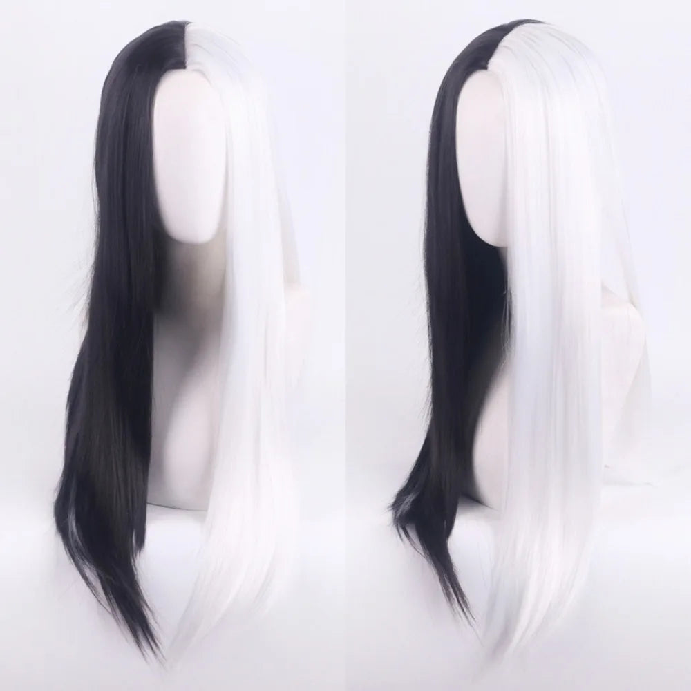 Cosplay Halloween Party Wigs CRUELLA Deville De Vil Black White With Bangs Short Bob Hair for Women Heat-Resistant Synthetic Wig