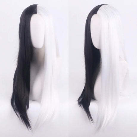 Cosplay Halloween Party Wigs CRUELLA Deville De Vil Black White With Bangs Short Bob Hair for Women Heat-Resistant Synthetic Wig