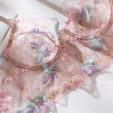 Floral Lingerie Set PushUp Bra Thong Sheer Mesh Underwear Breathable Lace Bralette Kits for Women