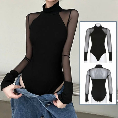 Fashion High Collar Long Sleeve Jumpsuit Translucent Simple Romper Shorts Female Clothes Slim Fit Lace Bottoming Shirt Female