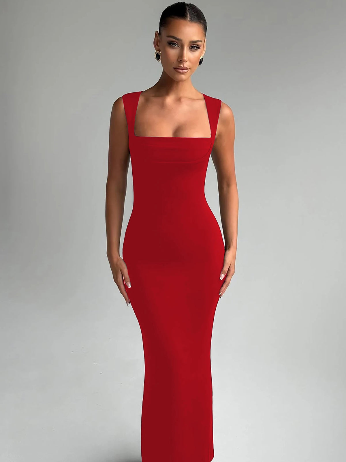 Hugcitar Women Elegant Solid Square Collar Straps Sexy Bodycon Maxi Prom Dress Summer Women Y2K Clothes Evening Party Birthday