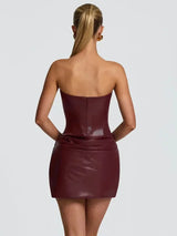 Chaxiaoa PU Leather Off-shoulder Strapless Sexy Mini Dress Women Gown Elegant Backless Sleeveless Ruched Club Party Dresses