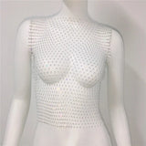 New Sexy Mesh Crop Tops for Women Summer Rhinestones Fashion Party Club See Through Fishnet Tank Hollow Out Backless Top