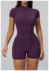 2026 Yoga Bodysuit Short Sleeves Women Tracksuits Gym Zipper Jumpsuits Sports Workout Rompers Fitness One-piece Suit Activewear