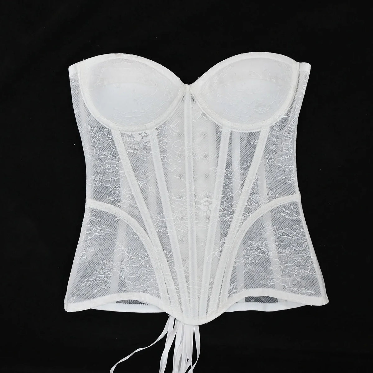 Women Mesh Corset Busiter Overbust Cups Push Breast Floral Lace Bodice Sext Tansparent Strapless Crop Tops Lace Up Steel Boned