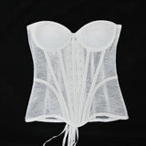 Women Mesh Corset Busiter Overbust Cups Push Breast Floral Lace Bodice Sext Tansparent Strapless Crop Tops Lace Up Steel Boned