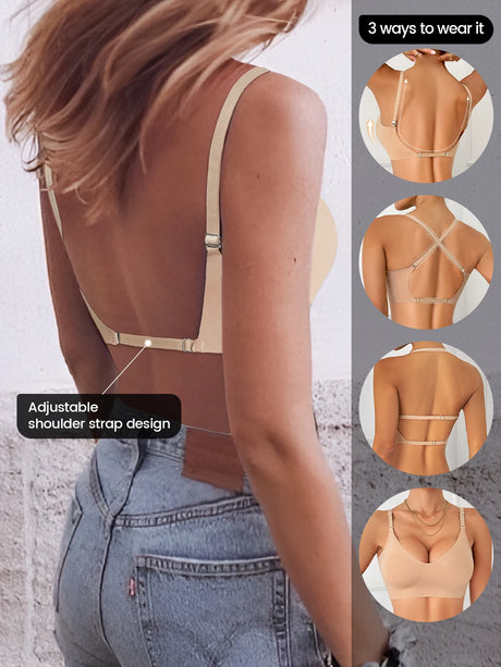 Women Invisible Bra Deep U Plunge Bras Backless Top for Dresses Sexy Lingerie with Transparent Strap Push Up Strapless Underwea