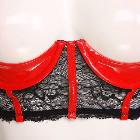 Womens Sexy Open Cup Underwired Bra Patent Leather See-through Floral Lace Brassiere Exposed Nipple Lingerie Underwear Nightwear