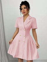 2026 Luxury Dresses Solid Color Notched Lapel Double Breasted Short Sleeve Slim Summer Midi Dress for Woman Clothes