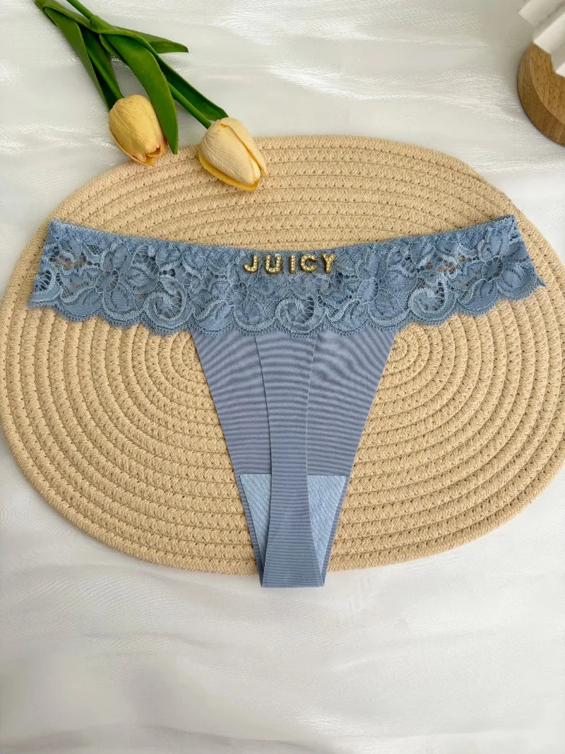 Personalized Custom Thong Name Crystal Letter G-String Low Waisted Lace Thong Ice Silk Bikini Panties Hot Wife Girlfriend Gift