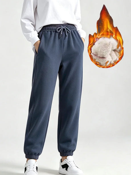 Autumn Winter Warm Solid Color Fleece Women Long Pants Casual Loose Elastic Waist Sports Pants Office Ladies Trousers Women