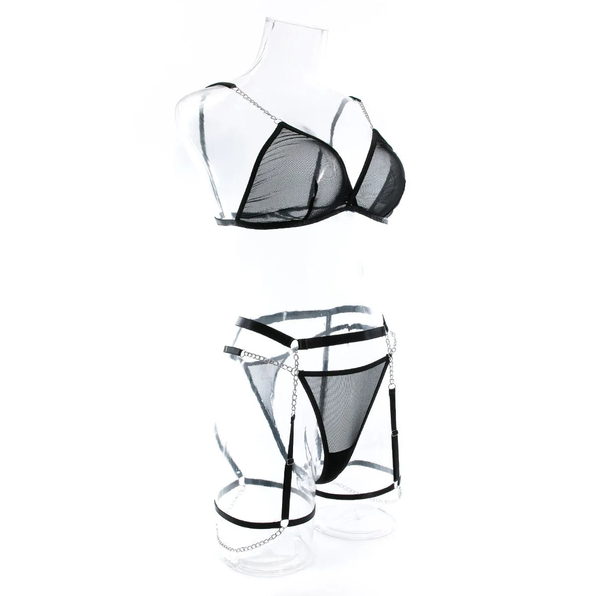 New Sexy Ultra-thin Mesh Bralette And Thongs See-through Metal Chain Decoration 4 Pcs Sexy Lingerie Set Female Underwear