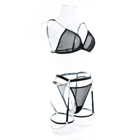 New Sexy Ultra-thin Mesh Bralette And Thongs See-through Metal Chain Decoration 4 Pcs Sexy Lingerie Set Female Underwear