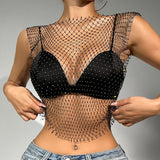 New Sexy Mesh Crop Tops for Women Summer Rhinestones Fashion Party Club See Through Fishnet Tank Hollow Out Backless Top