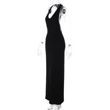 Typhaland Backless Sexy Halter Long Eevning Party Drss Female V Neck Streetwear Dress Hit Girl Slim Female Black Maxi Dress Lady