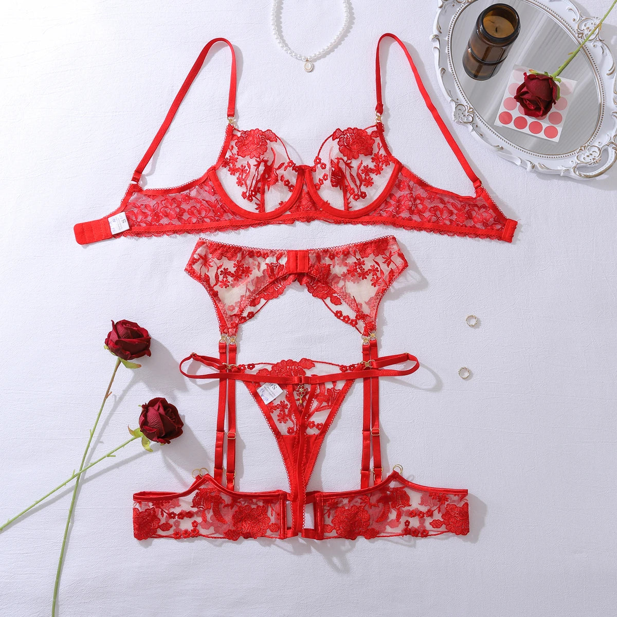 Heavy industry embroidery sequin red slim fit perspective high-end splicing gemstone decoration sexy lingerie four piece set