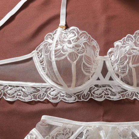 Women's Burgundy Lace Lingerie Set Underwire Bra Thong Panty Garter Straps Stockings Floral Embroidery Sexy Underwear Outfit