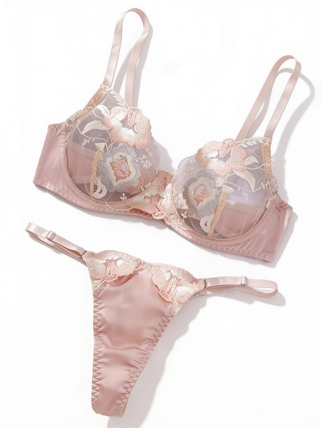 Women's Pink Sheer Hot Sexy Adult Lingerie Ladies Floral Lace Sexy Bras Set Push Up Bra Underwire Women Bra and Panties Sets