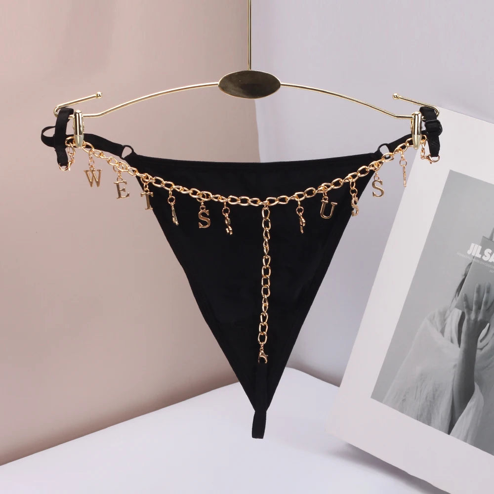 Personality Sexy Custom Name Gold Metal Letter Thong Panties Waist G-Strings Exotic Lingerie Breathable Underwear Ladies