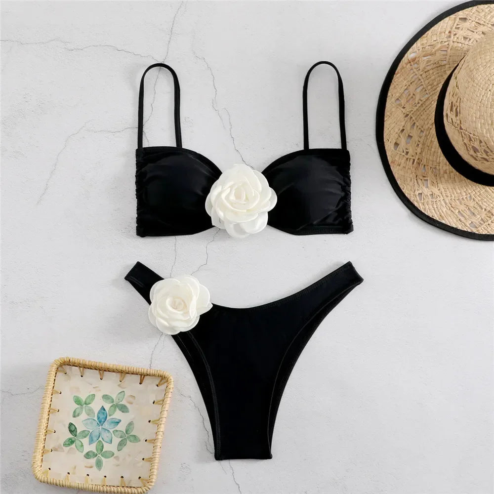 Sexy Flower Bandeau Swimwear Thong Bikini Women Lace-up Swimsuits Swimming Bathing Suit Brazilian Bikinis Set Mujer Biquini