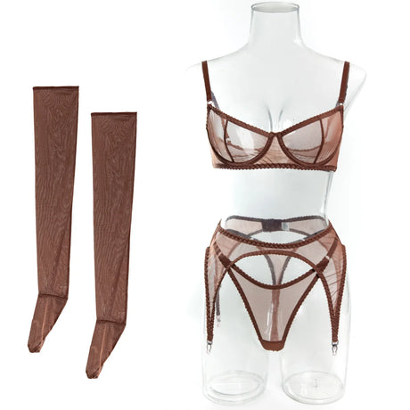 Ellolace Solid Lingeries Sexy Hot Sissy See Through Mesh Bra 3PC Set with Stockings Tempted Underwear Fancy Erotic Clubwear