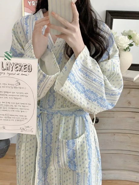 Sweet, Fresh, And Retro Striped Floral Nightgown and Pajamas for Women: Long-Sleeve Bathrobe and Loungewear for Spring and Fall