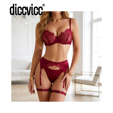 Diccvicc Sexy Hot Lingerie Curves See Through Eyelash Bra Satin Splicing Garter Woman Underwear Fine Night Clothes Matching Set